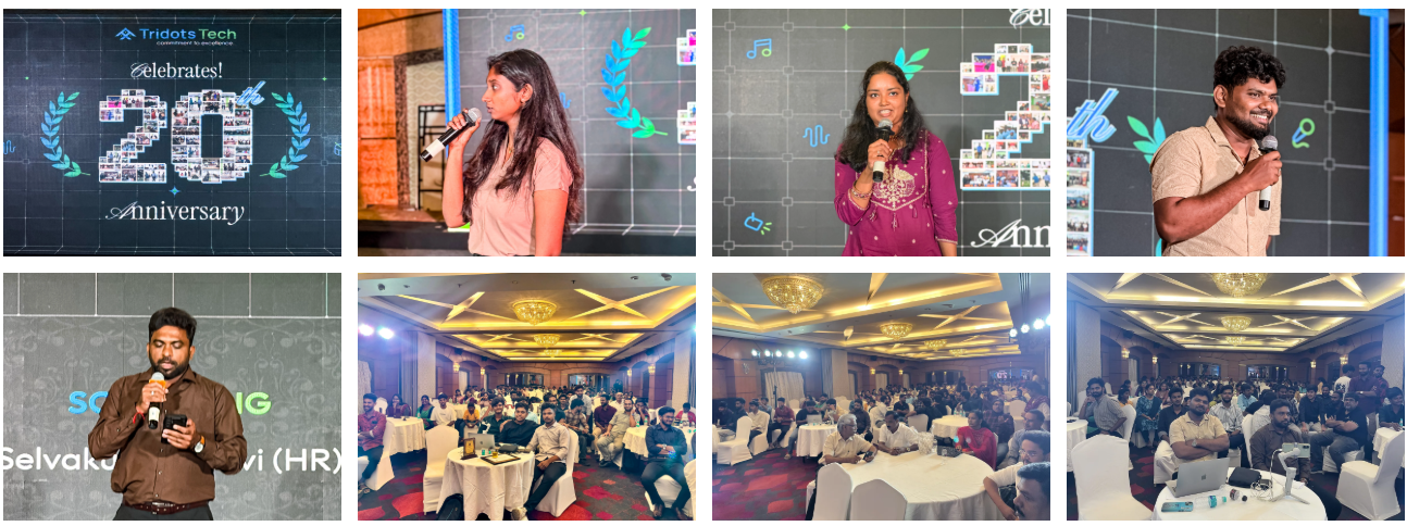 Tridots Tech 20th Anniversary celebration featuring leadership speeches, employee addresses, and attendees gathered at Hablis Hotel, Guindy.