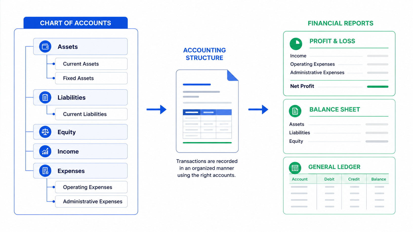 ERPNext Chart of Accounts structure showing assets, liabilities, equity, income and expenses flowing into financial reports.