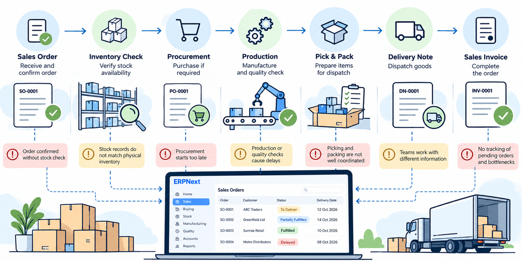ERPNext order fulfillment workflow showing stock checks, procurement, production, warehouse packing, and delivery management to identify process gaps and reduce order delays.