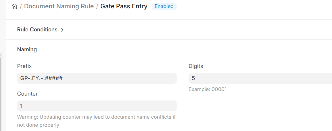 ERPNext Document Naming Rule showing a financial-year-based prefix, five-digit sequence, and document counter.