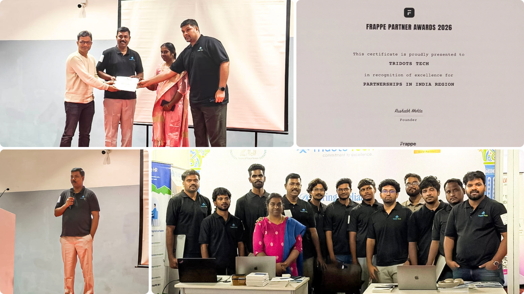 Tridots Tech team receiving the Frappe Partner Awards 2026 recognition for excellence in partnerships in the India region.