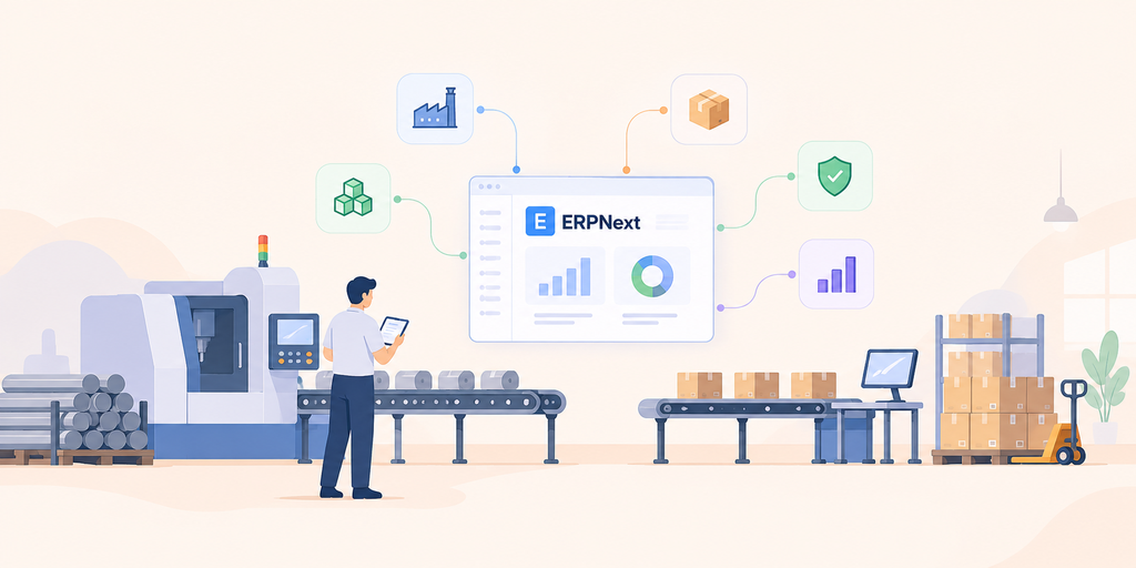ERPNext connects production, inventory, purchasing, quality, sales, and finance for a manufacturing company