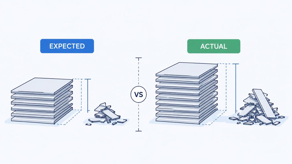 Expected vs actual material usage showing increased scrap in manufacturing.