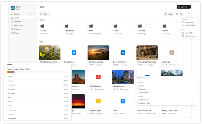 Frappe Drive dashboard showing folders, files, search, upload, and centralized document management.