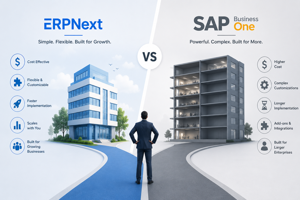 ERPNext vs SAP Business One comparison infographic for growing businesses