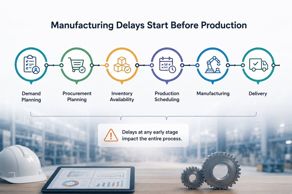 Manufacturing workflow illustrating how delays can originate in demand planning, procurement, inventory management, and production scheduling before production begins.