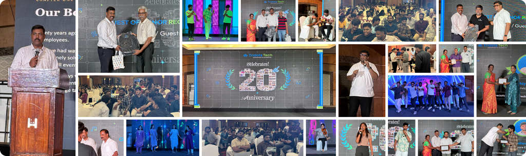 Collage of Tridots Tech's 20th anniversary celebration featuring leadership speeches, employee recognition, cultural performances, team activities, and group photos at Hablis Hotel, Chennai.